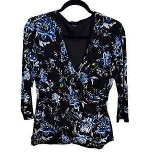 Tahari Women’s Black and Blue Floral Wrap Blouse Size M *2237
